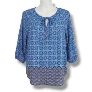 Fred David Women’s Blue 3/4 Sleeve Geometric Floral Rayon Blouse – Size Small